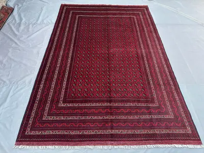7x10 Vintage Turkmen Bukhara Rug, Hand Knotted Wool Tribal Rug, Khoja Roshnai Geometric Carpet, Living Room Ru