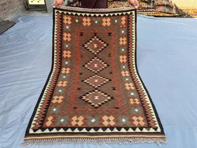 3'0x4.8 ft Antique 1980s Rug, Terracotta Handmade Flatweave Kilim Rug, Oriental Afghan Wool Rug, Geometric Rug