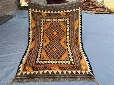 3'0x4.2 ft Antique 1980s Turkmen Rug, Handmade Flatweave Kilim Rug, Oriental Afghan Wool Rug, Geometric Rug, B