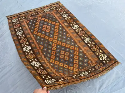 3'2x4.9 ft Antique 1960s Rug Orange Terracotta Handmade Flatweave Kilim Rug, Oriental Afghan Wool Rug, Geometr