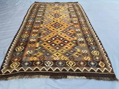 4x6 Antique Turkmen Faded Rug Tribal Turkish Style Kilim Flat Weave Afghan Rug, Geometric Terracotta Rug, Kitc