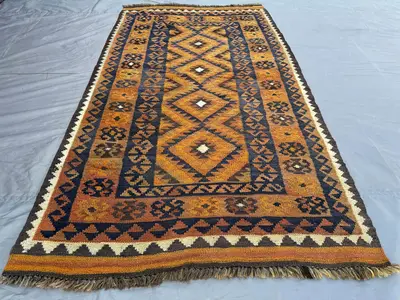 3.3x5.10 Antique Turkmen Faded Rug Tribal Turkish Style Kilim Flat Weave Afghan Rug, Geometric Terracotta Rug,