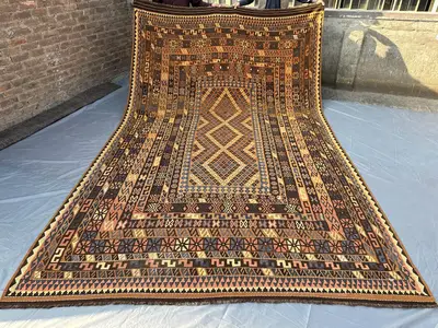 8.4x13.9 ft Antique Afghan Kilim Rug, Tribal Flat-Weave Carpet, Turkish Style, Large Handmade Wool Kilim, Uniq