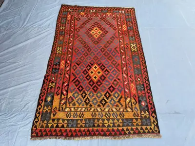 Antique Turkmen Geometric Kilim Rug 5x8 Flat-Weave Handmade Wool Carpet, Turkish style kilim, turkoman faded r