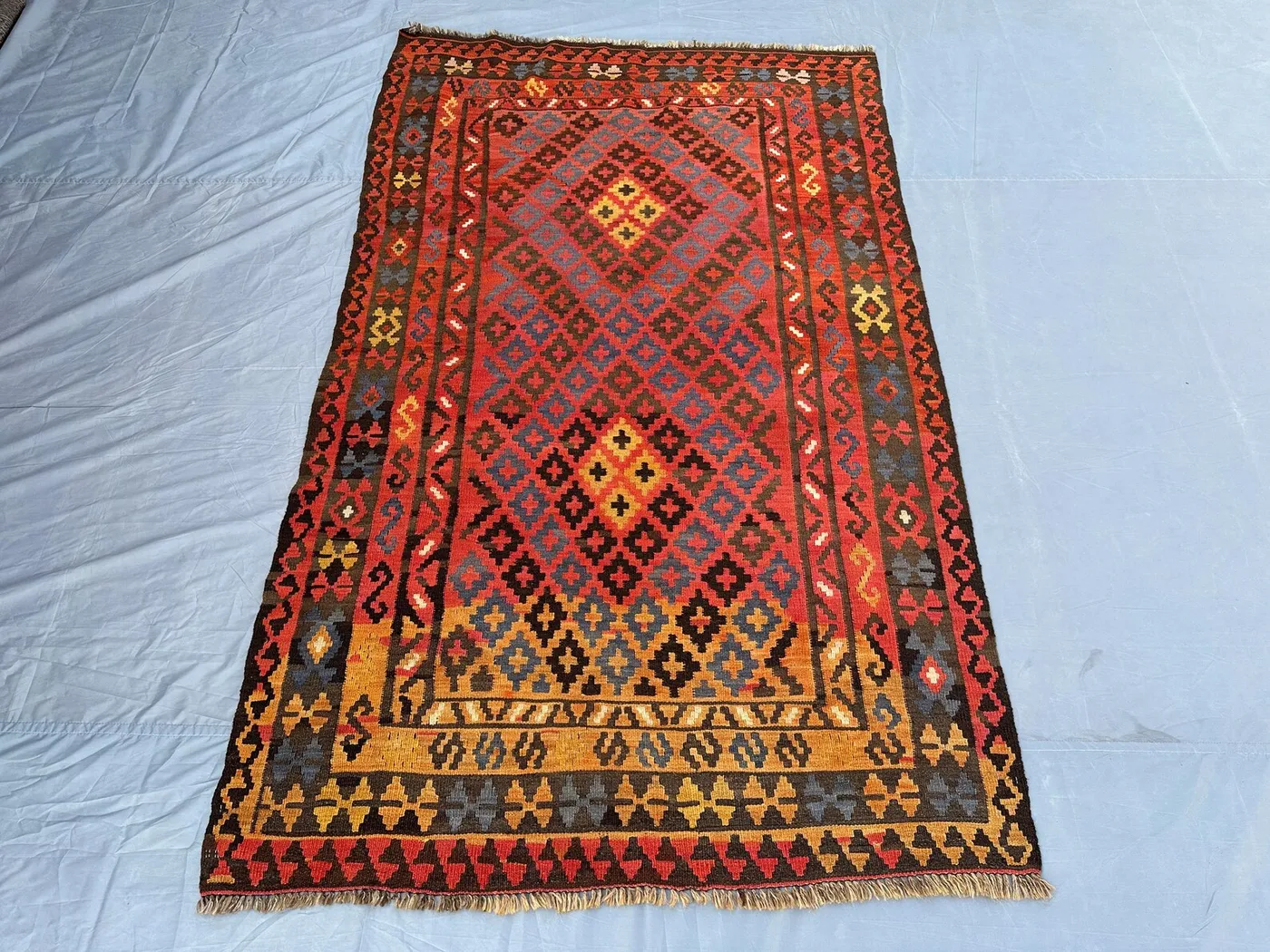 Antique Turkmen Geometric Kilim Rug 5x8 Flat-Weave Handmade Wool Carpet, Turkish style kilim, turkoman faded rug, bedroom rug, outdoor baho