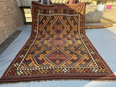 8.6x12.10 ft Afghan Handmade Kilim Rug, Turkmen Faded Design, Turkish Style, Large Wool Flat-Weave Rug, Unique