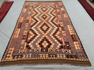 7x12 Ft Antique Afghan Flat Weave Kilim Rug, Turkmen Faded Geometric Wool Rug, Turkish style Kilim, Outdoor or
