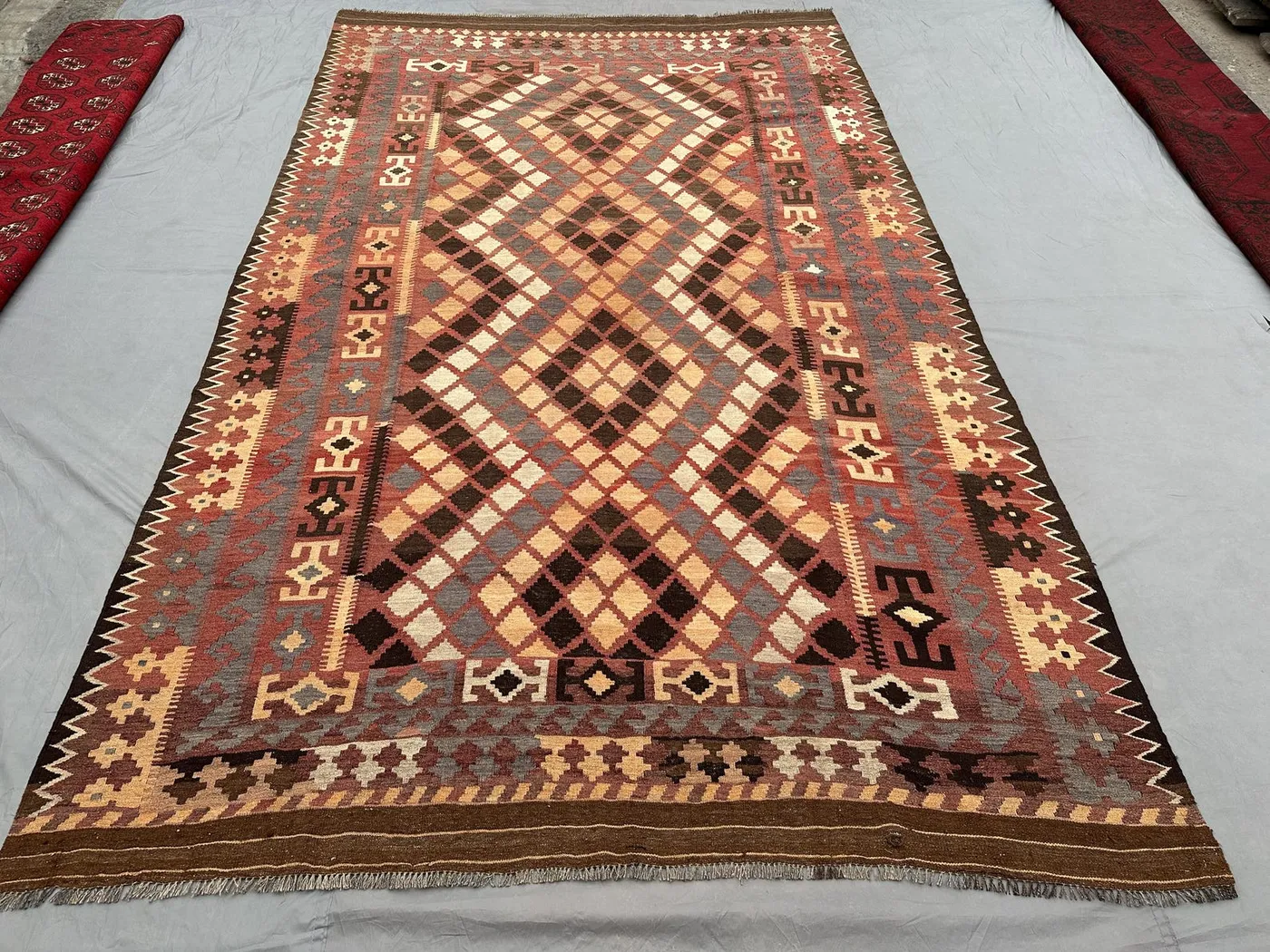 7x12 Ft Antique Afghan Flat Weave Kilim Rug, Turkmen Faded Geometric Wool Rug, Turkish style Kilim, Outdoor or Living Room Rug, Floor Carpet