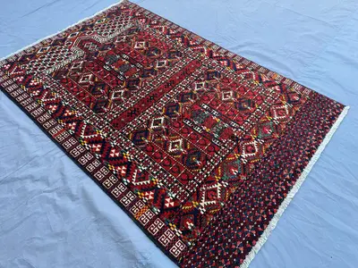 4' x 6'2" Turkmen Kazak Rug, Parda Design, Hand-Knotted, Vintage, Top Quality Carpet, Bold Red and Blue, Soft 