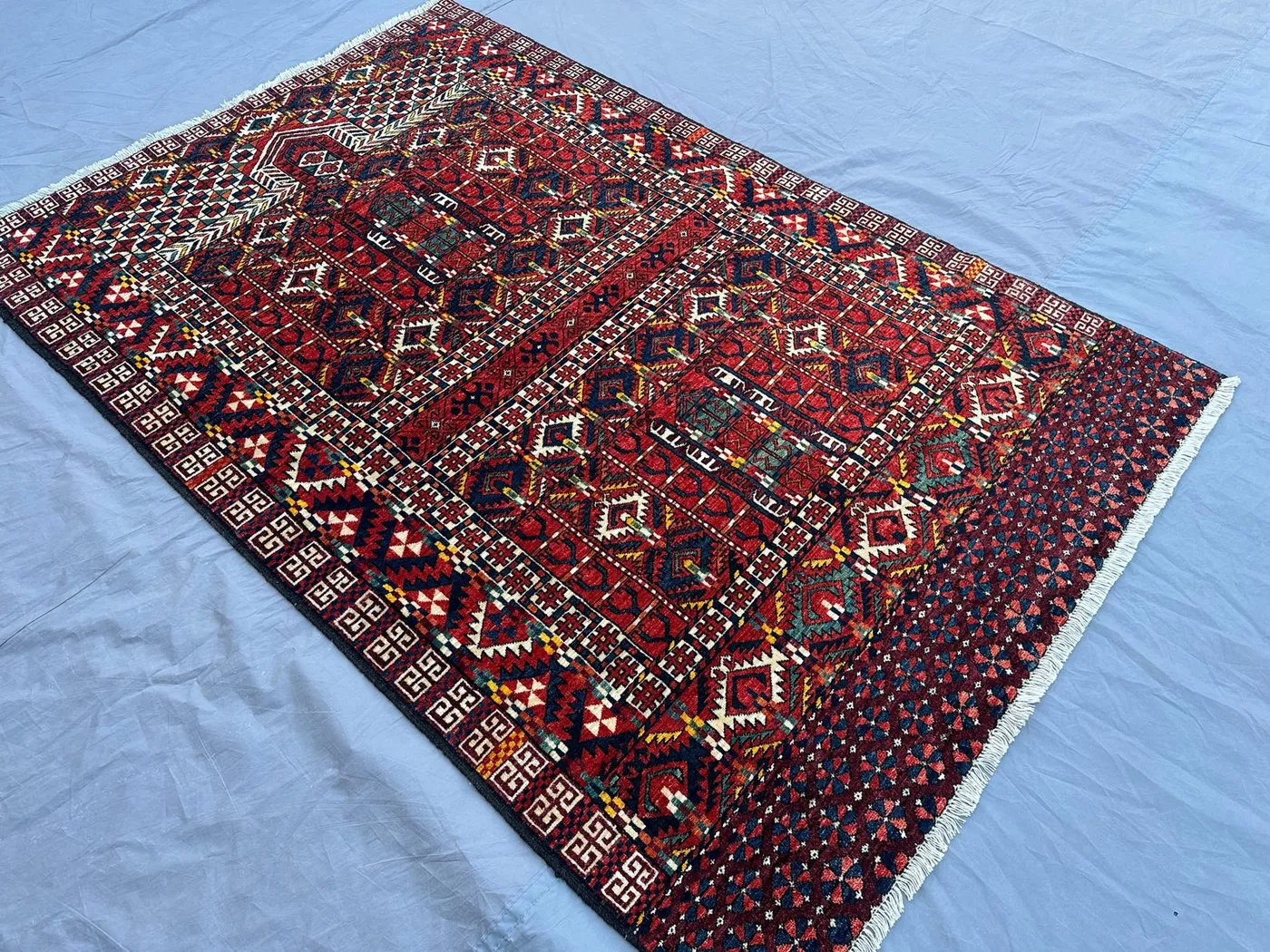 4' x 6'2" Turkmen Kazak Rug, Parda Design, Hand-Knotted, Vintage, Top Quality Carpet, Bold Red and Blue, Soft Pile, Perfect for Living Room