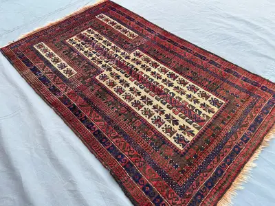 3x5 Afghan Baluchi Prayer Rug, Vintage Hand-Knotted Wool, Tribal Geometric Design, Soft Pile, Unique Oriental 