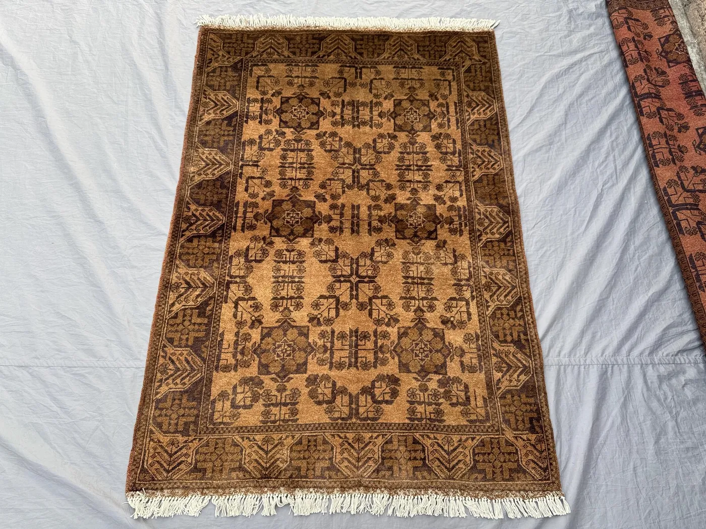 3 x 5 ft Afghan Hand Knotted Vintage Rare Soft Pile Terracotta Color Faded Turkoman Ersari Design Rug | Living room & Bedroom decor rug