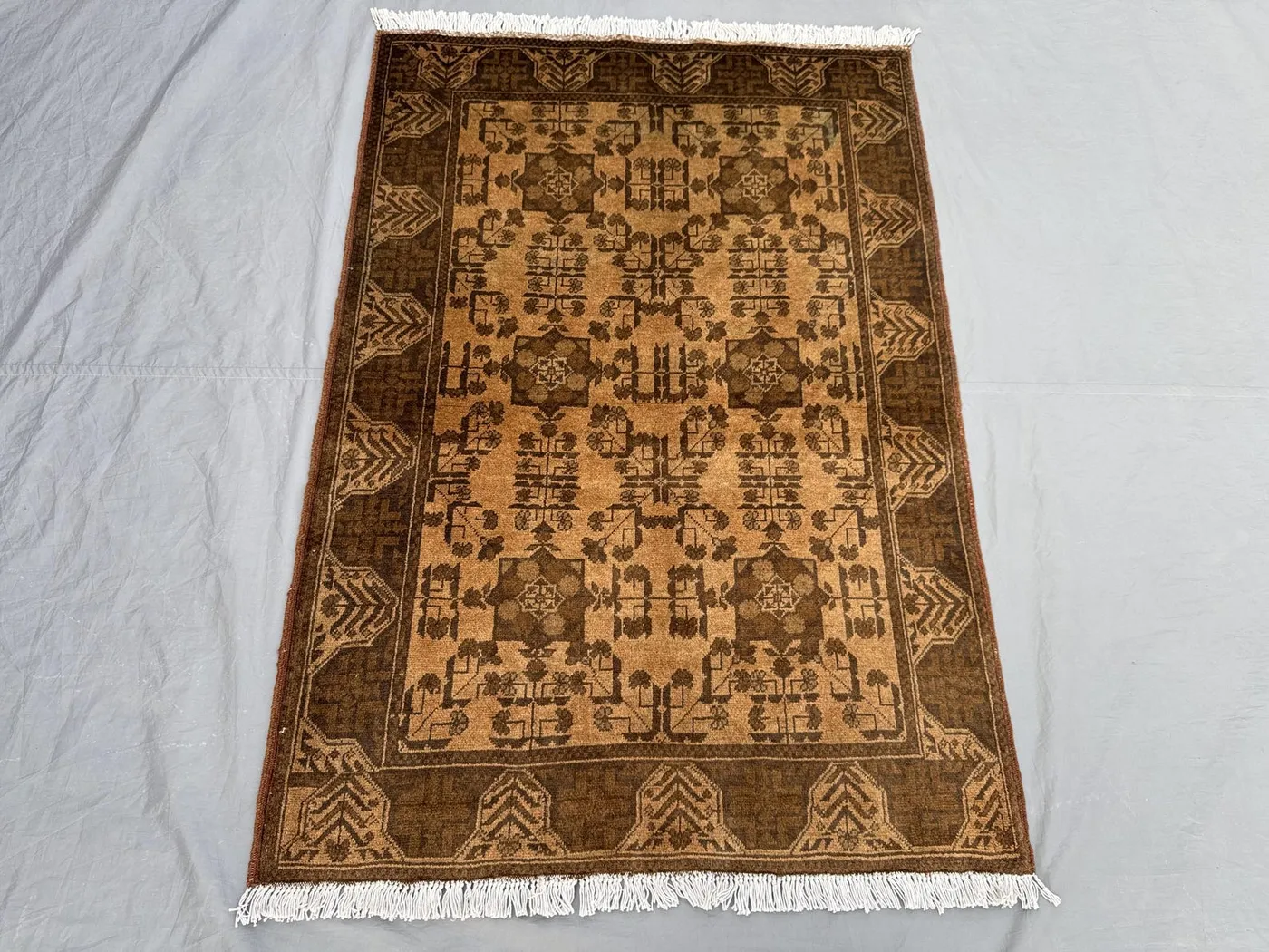 3 x 5 ft Afghan Hand Knotted Vintage Soft Pile One of a Kind Small Area Rug in Terracotta Color Faded Turkoman Ersari Design