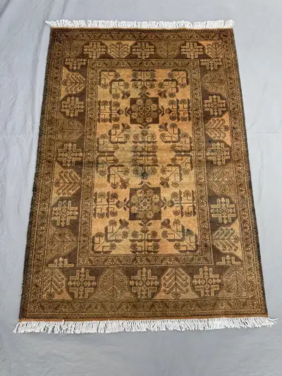 3.4 x 4.10 ft Afghan Hand Knotted Vintage Soft Pile One of a Kind Small Area Rug in Terracotta Color Faded Tur