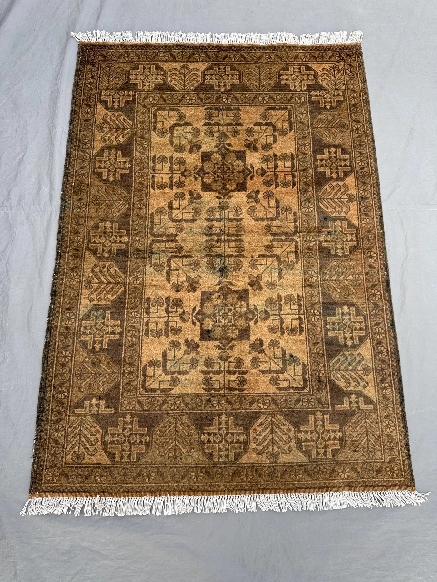3.4 x 4.10 ft Afghan Hand Knotted Vintage Soft Pile One of a Kind Small Area Rug in Terracotta Color Faded Turkoman Ersari Design