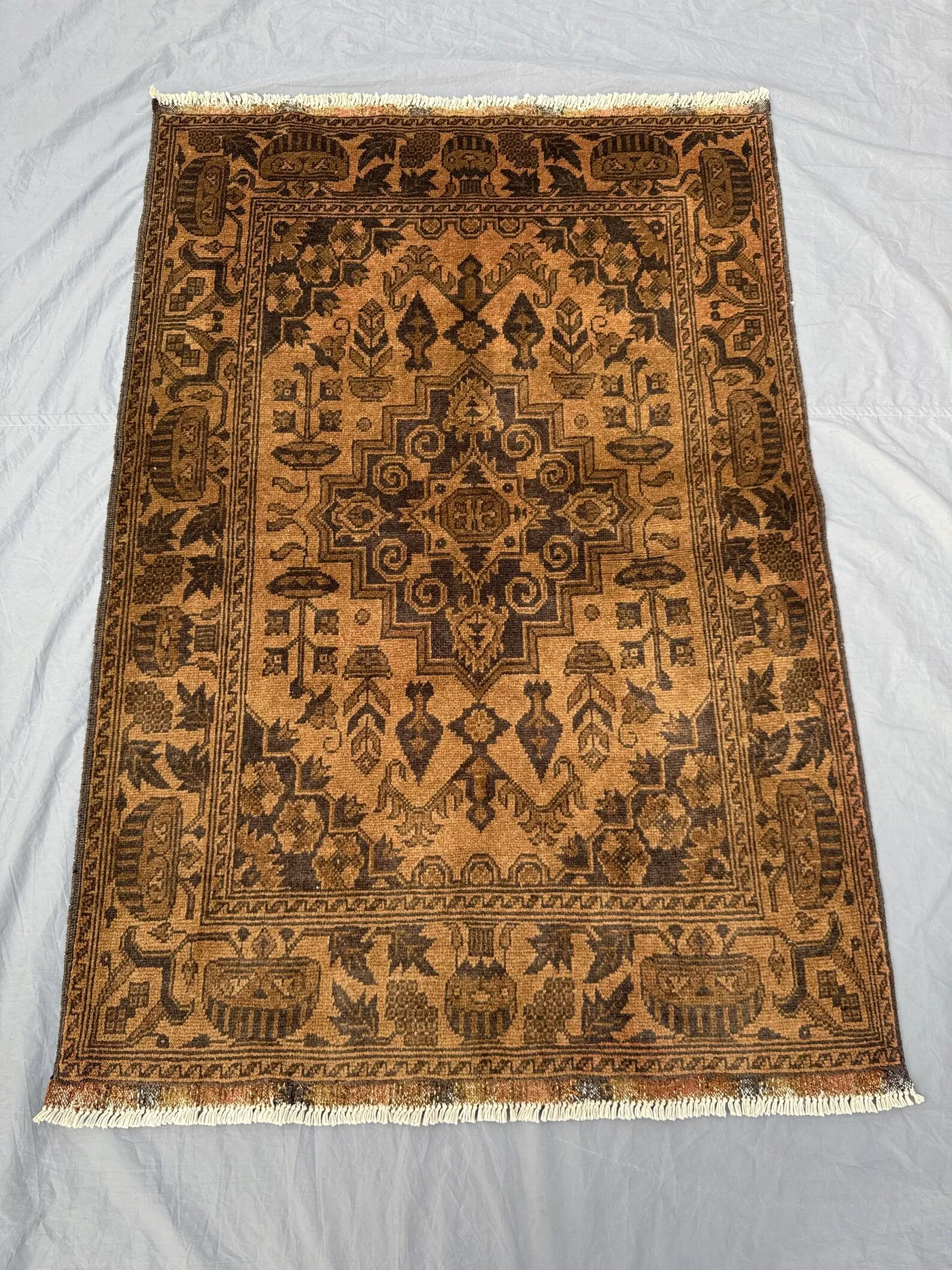 3 x 5 ft Afghan Hand Knotted Vintage Soft Pile One of a Kind Terracotta Color Faded Turkoman Ersari Design Small Area Rug | Living room rug