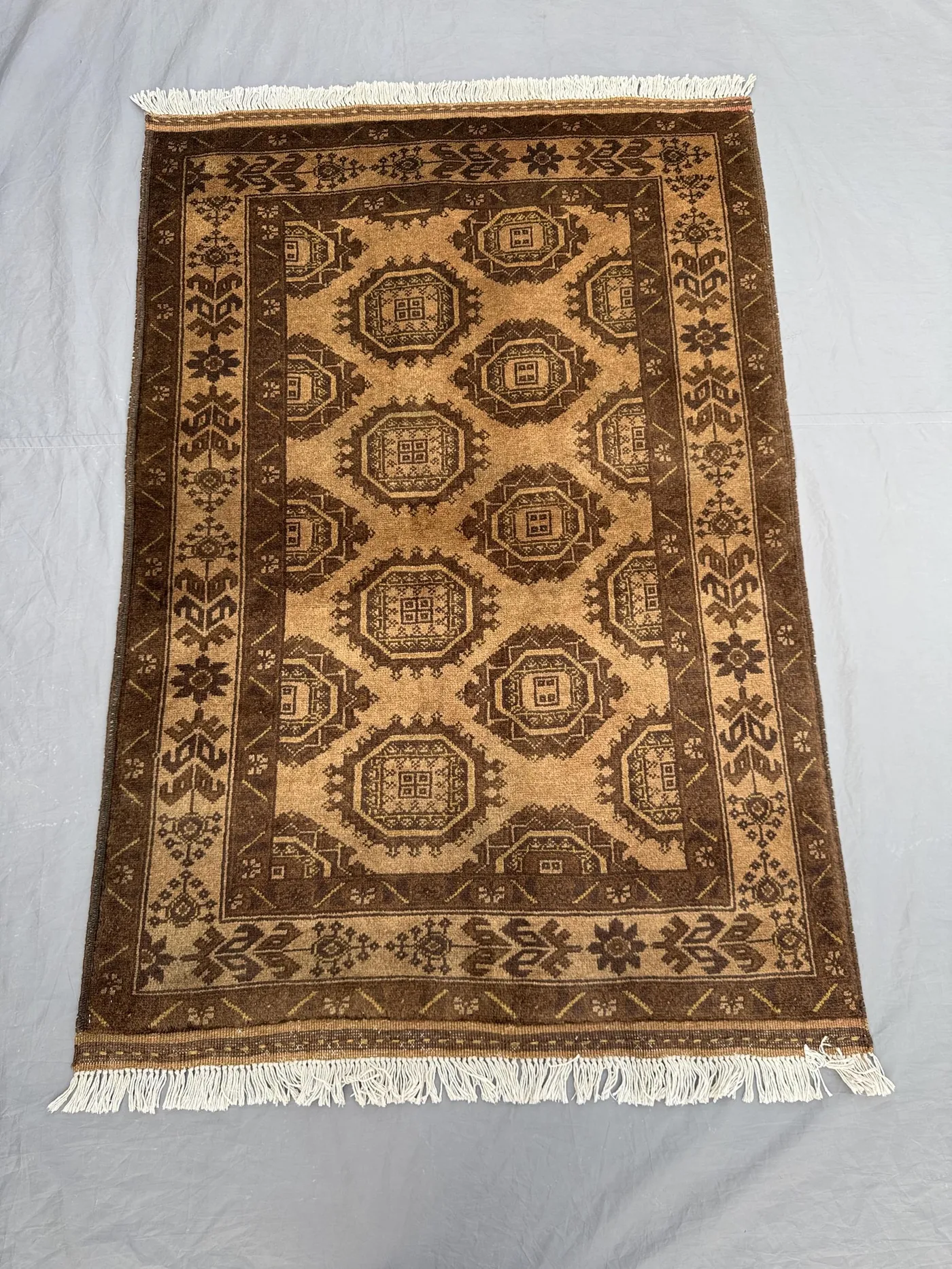 3 x 5 ft Afghan Hand-Knotted Vintage Soft Pile Rug One of a Kind Terracotta Color Faded Turkoman Bokhara Design Tribal Geometric Pattern