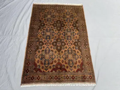 3.6 x 5.1 ft Afghan Hand Knotted Vintage Soft Pile One of a Kind Small Area Rug - Terracotta Color Faded Turko