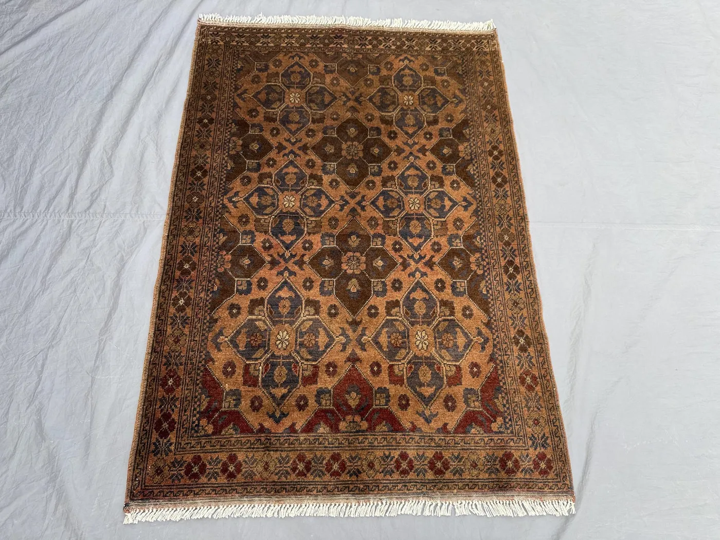 3.6 x 5.1 ft Afghan Hand Knotted Vintage Soft Pile One of a Kind Small Area Rug - Terracotta Color Faded Turkoman Ersari Design