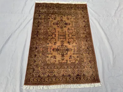 3 x 5 ft Afghan Hand Knotted Vintage Soft Pile One of a Kind Small Area Rug – Terracotta Color Faded Turkoman 