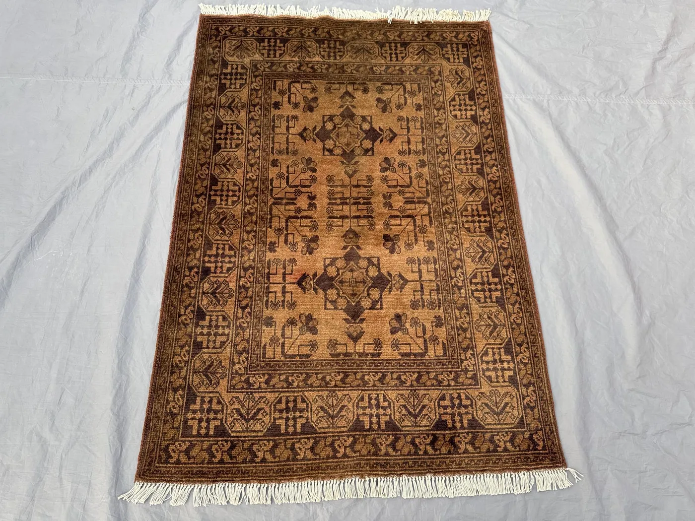 3 x 5 ft Afghan Hand Knotted Vintage Soft Pile One of a Kind Small Area Rug – Terracotta Color Faded Turkoman Ersari Design