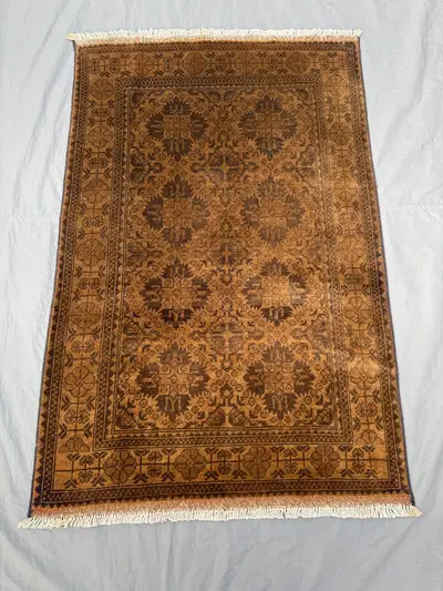Afghan Hand-Knotted Vintage Soft Pile Rug Unique One-of-a-Kind Small Area Rug Turkoman Ersari Design Terracott