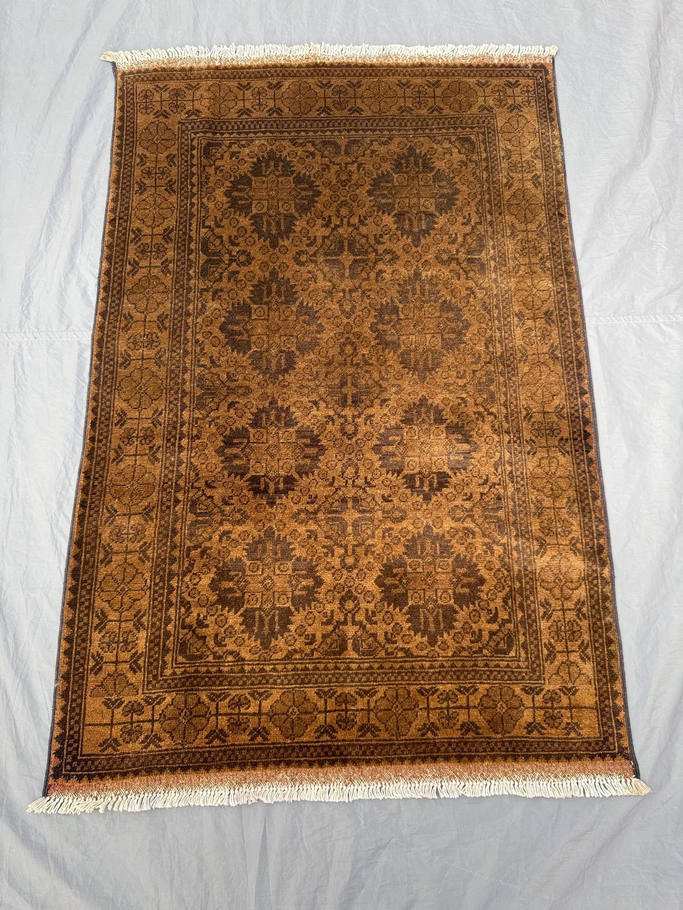 Afghan Hand-Knotted Vintage Soft Pile Rug Unique One-of-a-Kind Small Area Rug Turkoman Ersari Design Terracotta Color Faded 3.4 x 5 ft