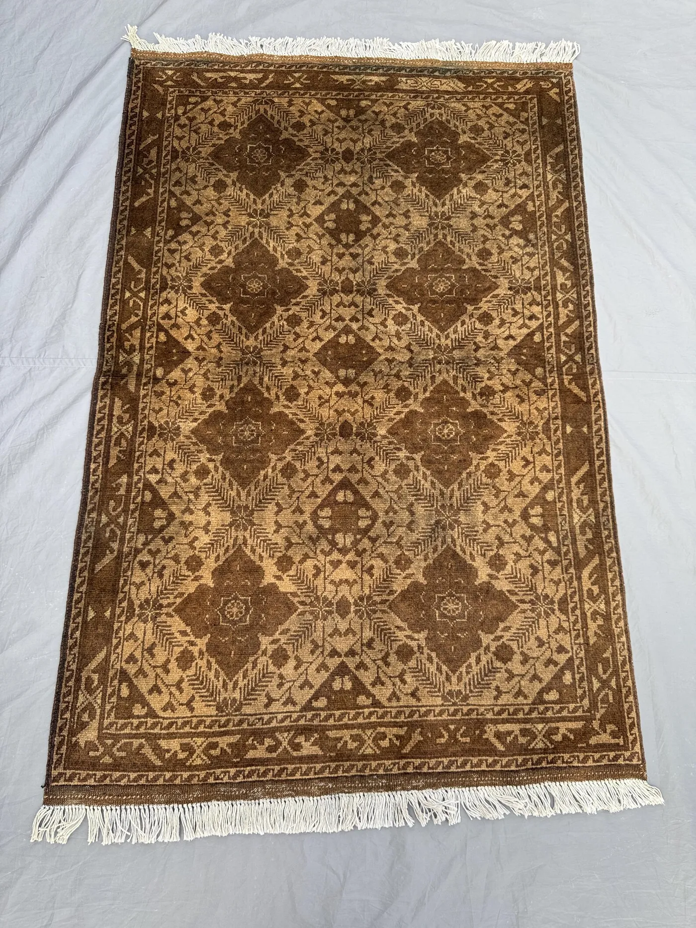 3.4 x 5.1 ft Afghan Hand Knotted Vintage Soft Pile Terracotta Faded Small Area Rug – One of a Kind Antique Turkoman Ersari Tribal rug