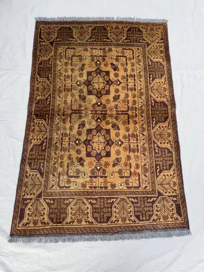 3 x 5 ft Afghan Hand Knotted Vintage Soft Pile Unique Terracotta Color Faded Turkoman Ersari Design Small Area