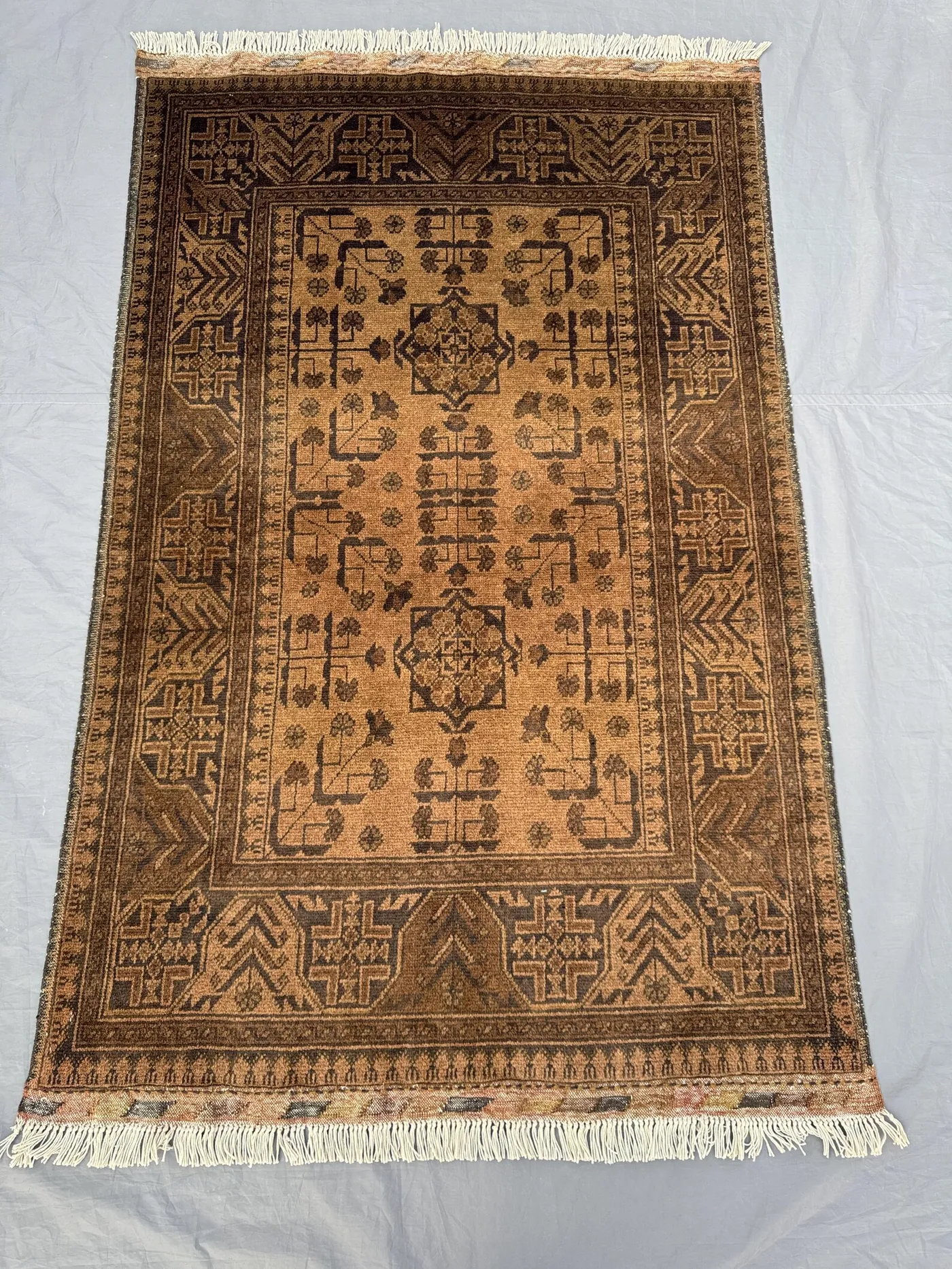 3 x 5 ft Afghan Hand Knotted Vintage Soft Pile One of a Kind Small Area Terracotta Color Faded Turkoman Bokhara Design | Living room rug
