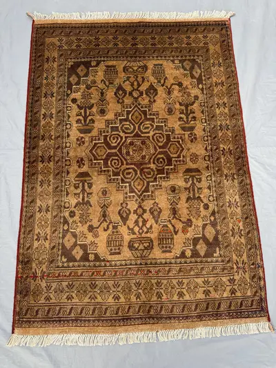 3 x 5 ft Afghan Hand Knotted Vintage Soft Pile One of a Kind Terracotta Color Faded Small Area Rug Turkoman Er