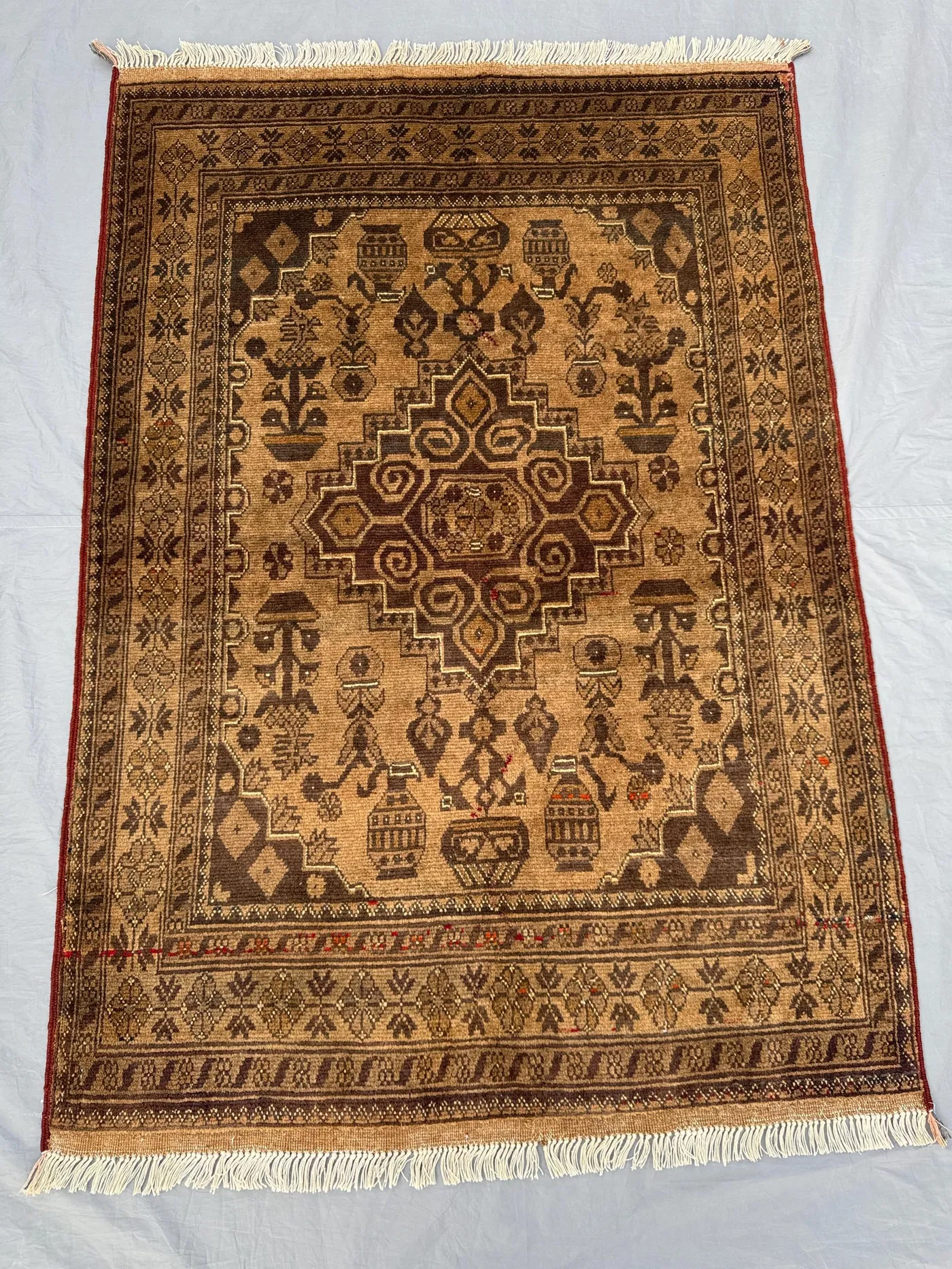 3 x 5 ft Afghan Hand Knotted Vintage Soft Pile One of a Kind Terracotta Color Faded Small Area Rug Turkoman Ersari Design | Living room rug