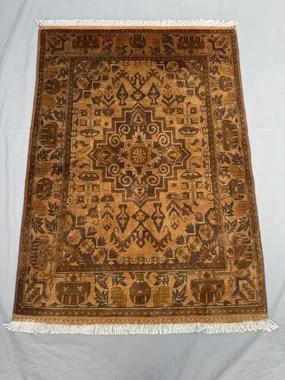Vintage Afghan Hand Knotted Rug – 3 x 5 ft Terracotta Color Soft Pile One of a Kind Turkoman Ersari Design Han