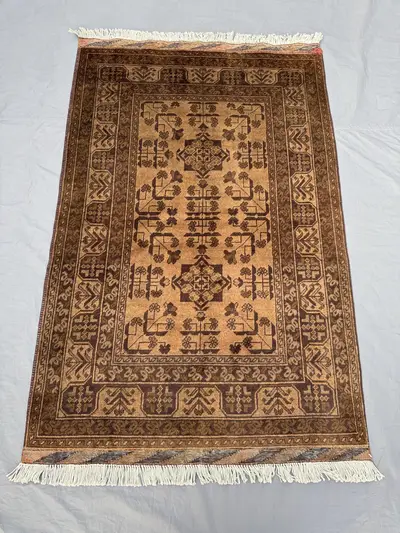 3 x 5 ft Afghan Hand Knotted Vintage Soft Pile Rug, Unique Terracotta Color Faded Turkoman Bokhara Design | Li
