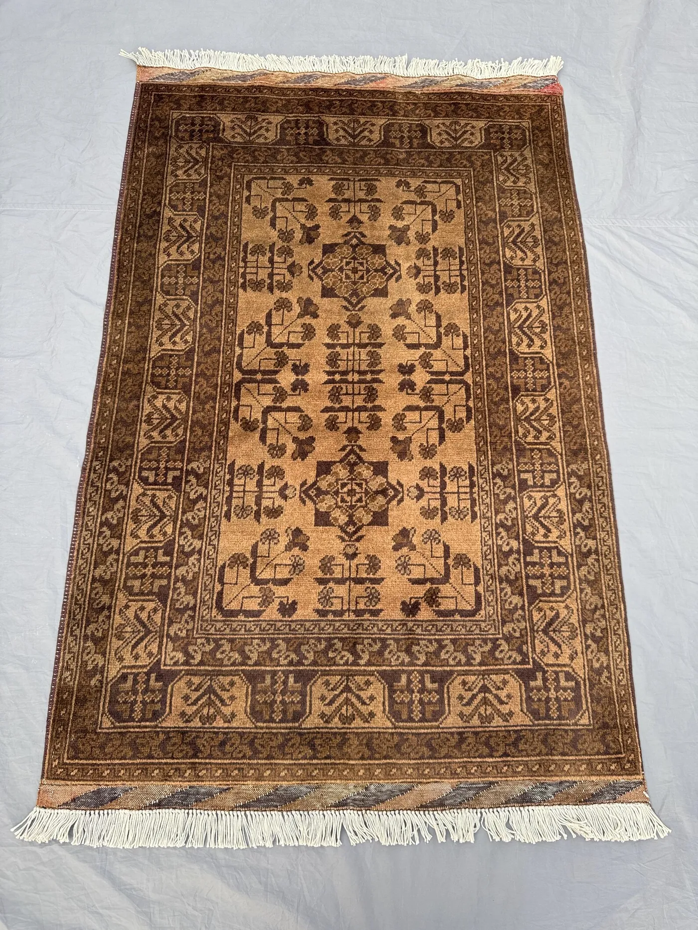 3 x 5 ft Afghan Hand Knotted Vintage Soft Pile Rug, Unique Terracotta Color Faded Turkoman Bokhara Design | Living Room & Bedroom decor