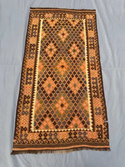 3 x 6 ft Afghan Hand Woven Vintage Flat Weave Kilim - One of a Kind Terracotta Color Faded Maimana Design | Li