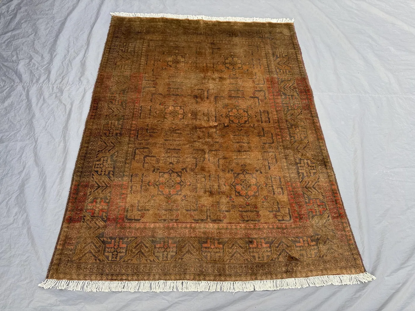 4.10 x 6.4 ft Afghan Hand-Knotted Vintage Soft Pile Rug Terracotta Faded Turkoman Bokhara Design One-of-a-Kind Collector's Piece