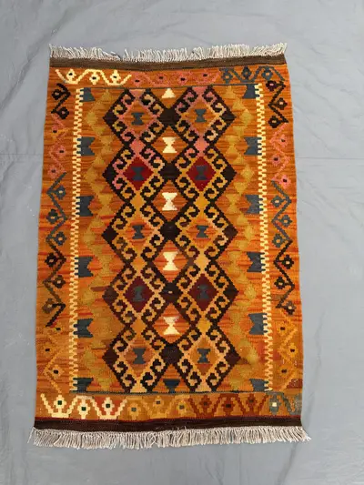 2 x 4 ft Afghan Hand Woven Vintage Flat Weave Kilim - One of a Kind Terracotta Color Faded Maimana Design | Li