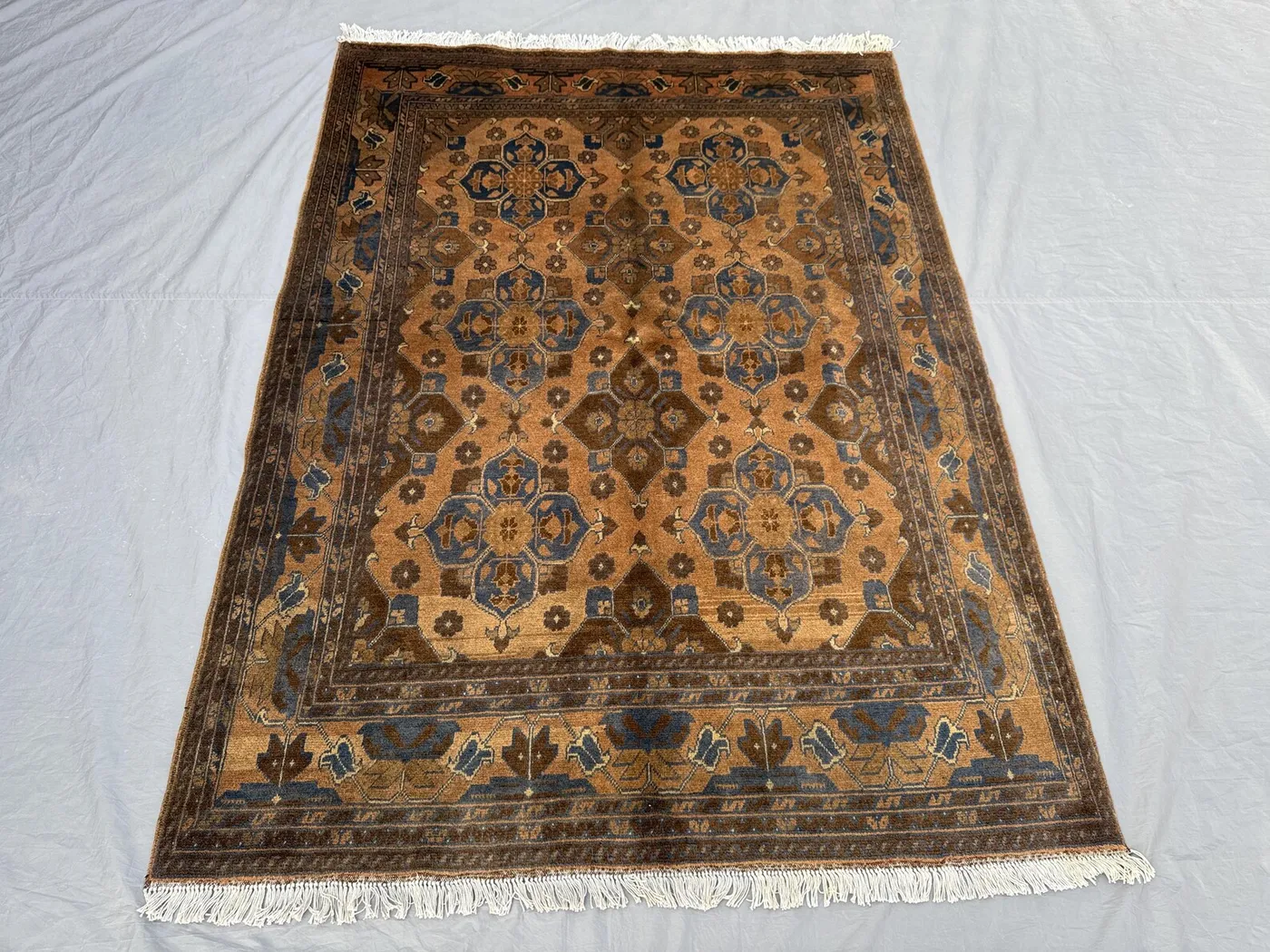 5 x 7 ft Afghan Hand Knotted Vintage Soft Pile One of a Kind Terracotta Color Faded Turkoman Ersari Design | Living room & Bedroom decor