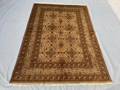 5.8 x 7.10 ft Afghan Hand Knotted Vintage Soft Pile One of a Kind Terracotta Color Faded Balochi Design Rug | 