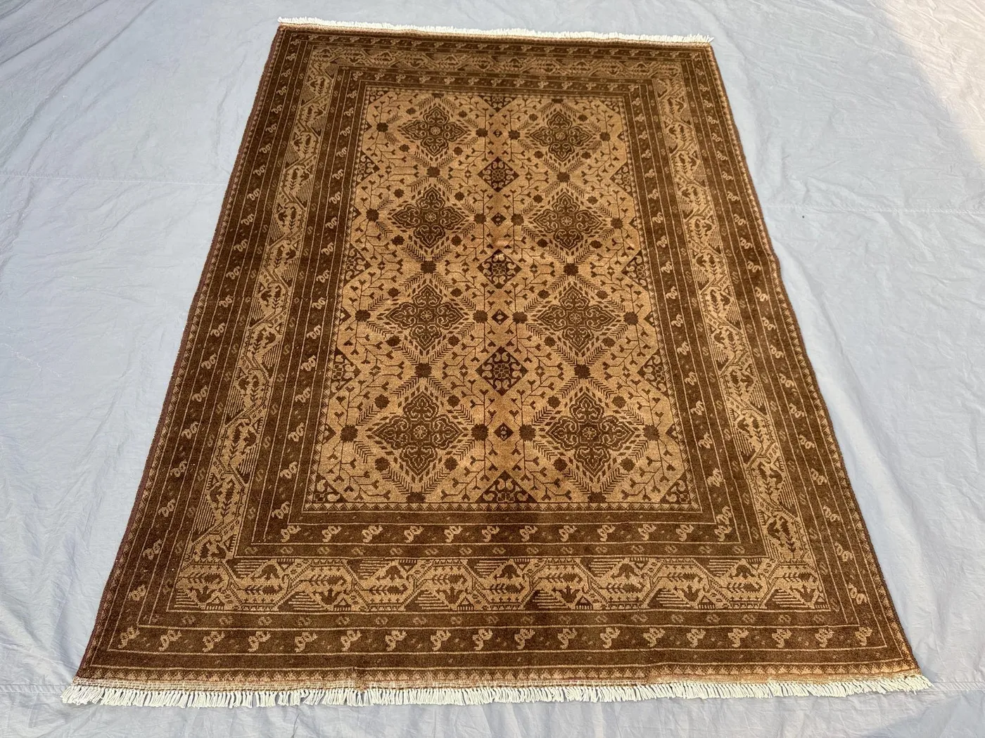 5.8 x 7.10 ft Afghan Hand Knotted Vintage Soft Pile One of a Kind Terracotta Color Faded Balochi Design Rug | Living room & Bedroom rug