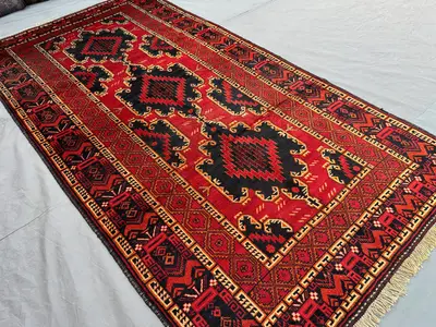Antique Afghan Baluchi Rug 4'1x9'0 Ft, Fine Hand Knotted Wool Carpet | Caucasian Style Tribal Design | Vintage