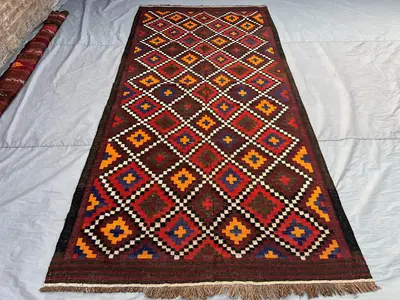 Vintage Afghan Kilim Runner Rug 5'3x11'2 ft | Handmade Wool Long Tribal Hallway Rug | Geometric Flatweave Boho