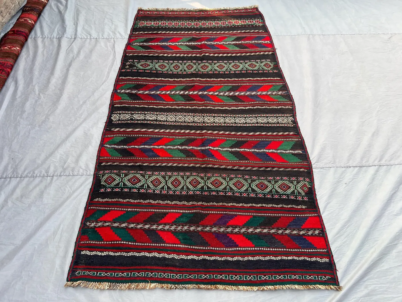 Afghan Kilim Rug 4'5x8'5 | Handmade Wool Tribal Flatweave | Vintage Striped Boho Decor Rug | Ethnic Wool Area Rug for Living or Entry Carpet