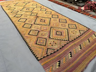 5x14 Antique Baluchi Kilim Rug Handmade Flat Weave Wide Runner Rug | 14 ft Long Carpet | Tribal Pastel Geometr
