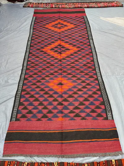 5x12 Afghan Kilim Runner | Vintage Flatweave Wool Rug | Bold Tribal Diamond Pattern | Red Orange Long Boho Hal