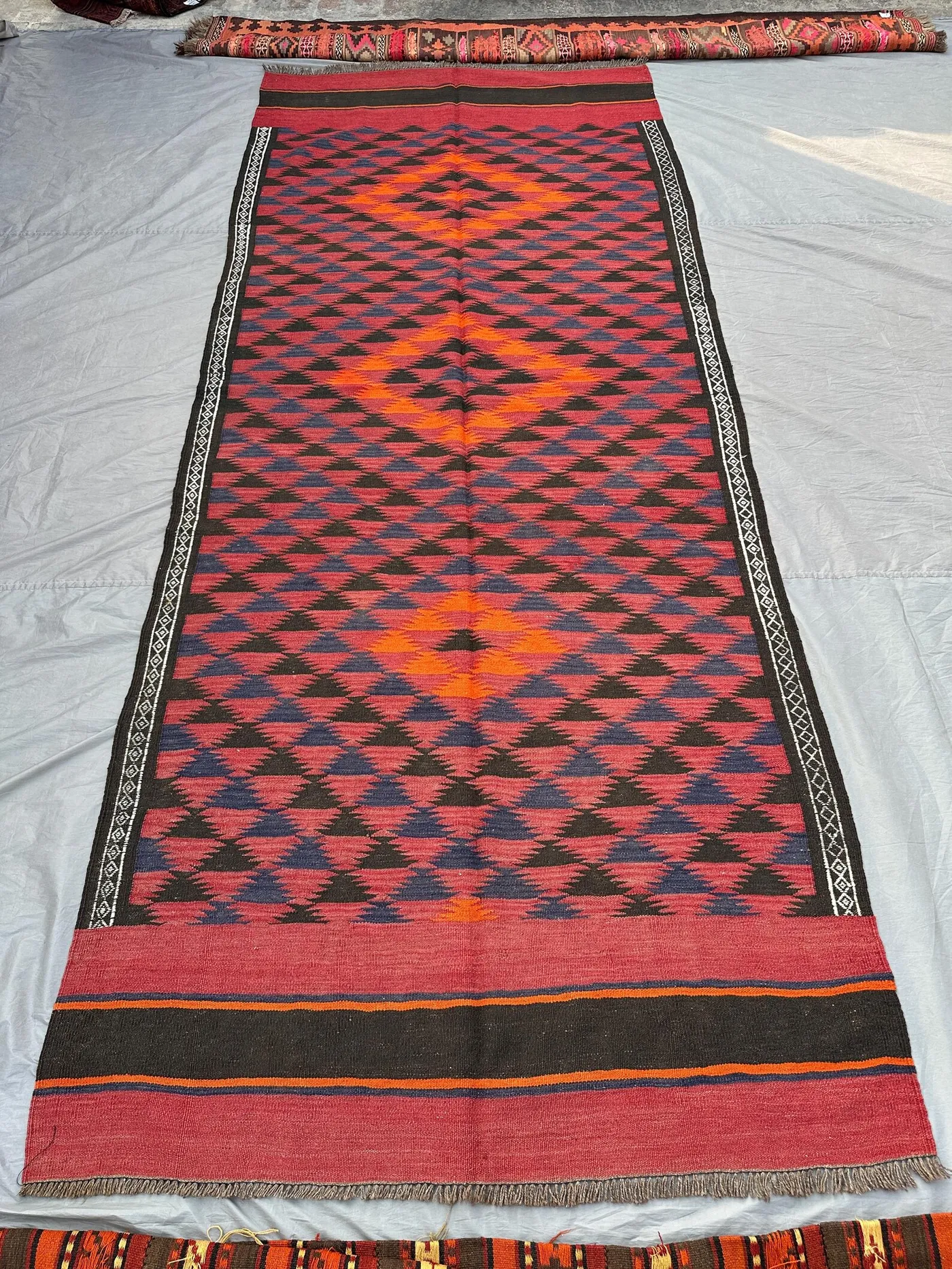 5x12 Afghan Kilim Runner | Vintage Flatweave Wool Rug | Bold Tribal Diamond Pattern | Red Orange Long Boho Hallway Carpet, Entryway rug