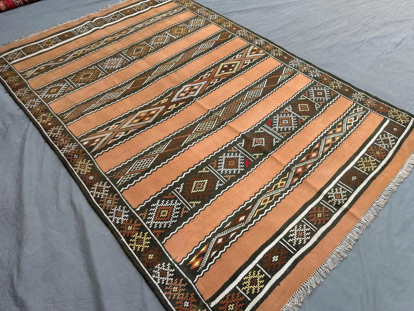 5x7 Afghan Kilim Rug | Vintage Flatweave Wool Carpet | Peach and Brown Tribal Pattern | Handmade Boho Ethnic Area Decor, Living room rug