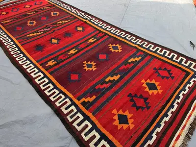 5x13 Antique Afghan Kilim Runner | Turkish Style Handmade Flat Weave Rug | Tribal Geometric Wool Area Rug, Boh