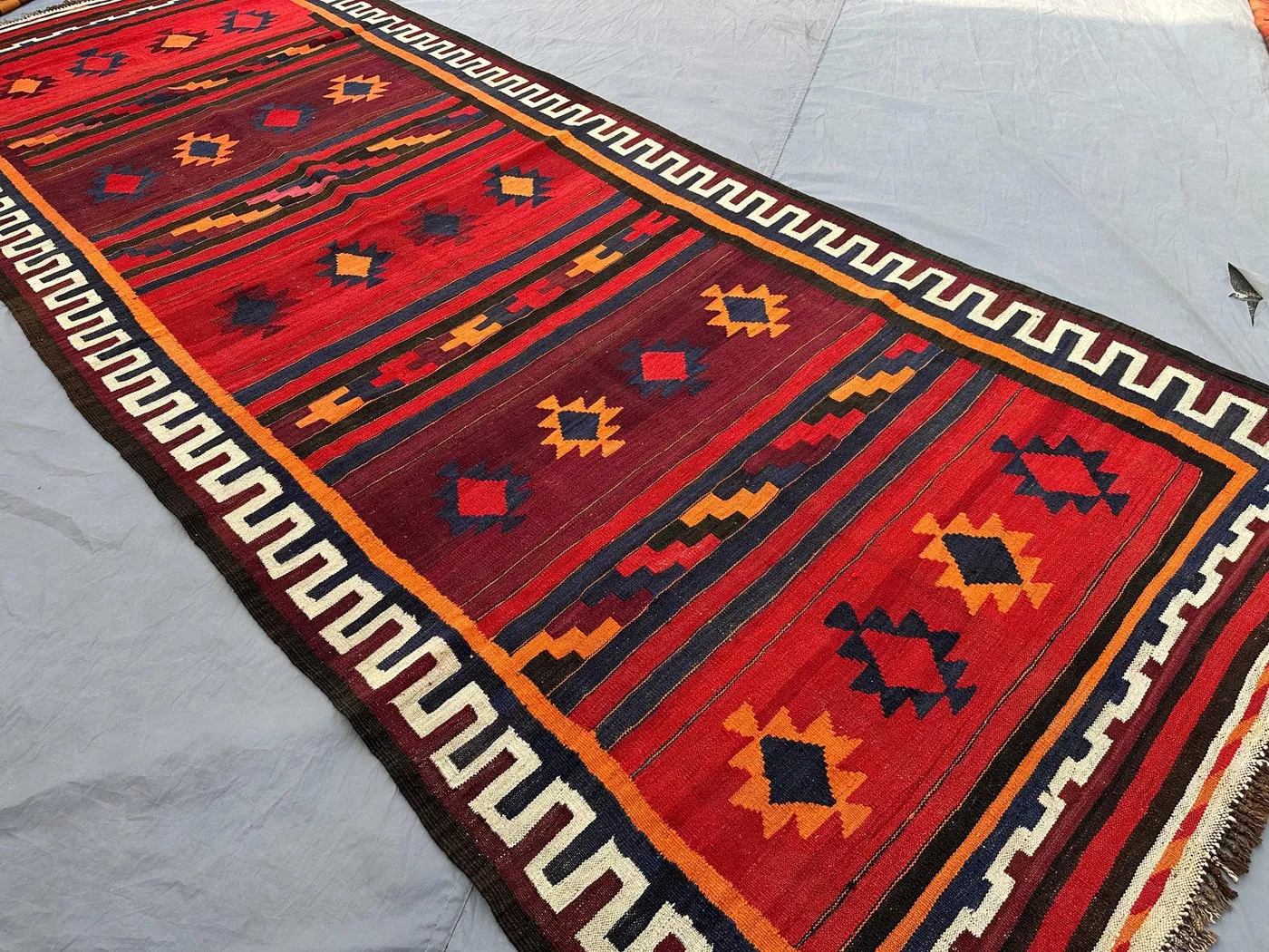 5x13 Antique Afghan Kilim Runner | Turkish Style Handmade Flat Weave Rug | Tribal Geometric Wool Area Rug, Bohemian Decor, Outdoor Floor rug